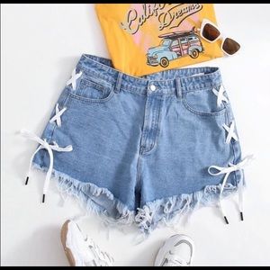 Lace up jean shorts
